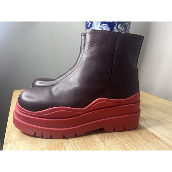 Jeffrey Campbell Sz 6 Brown Leather Platform Boots Chuncky Red Rubber Lug Sole - Picture 6 of 10
